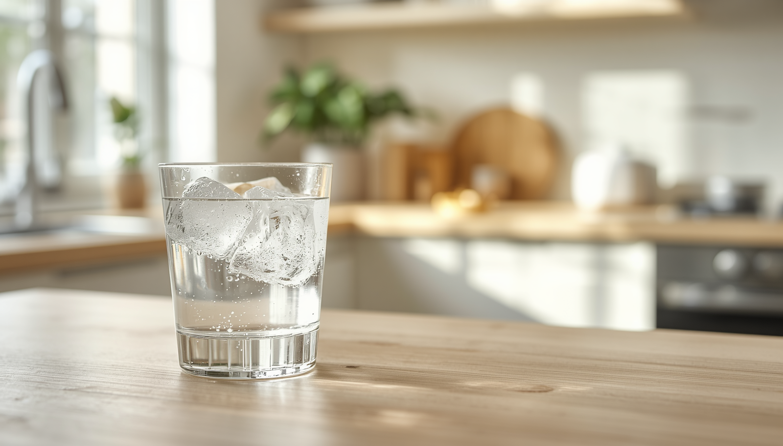 Glass of ice cold water on a kitchen counter.