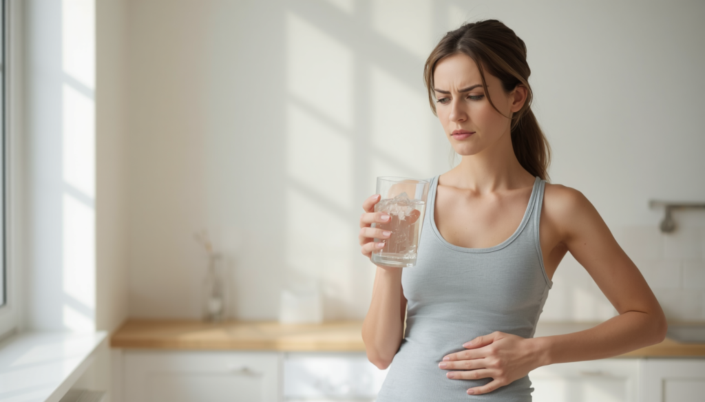 Woman holding a glass of cold water with discomfort in her stomach.