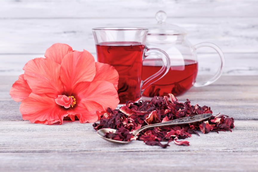 Hibiscus tea in glass cup with dried hibiscus flower - hibiscus tea for weight loss