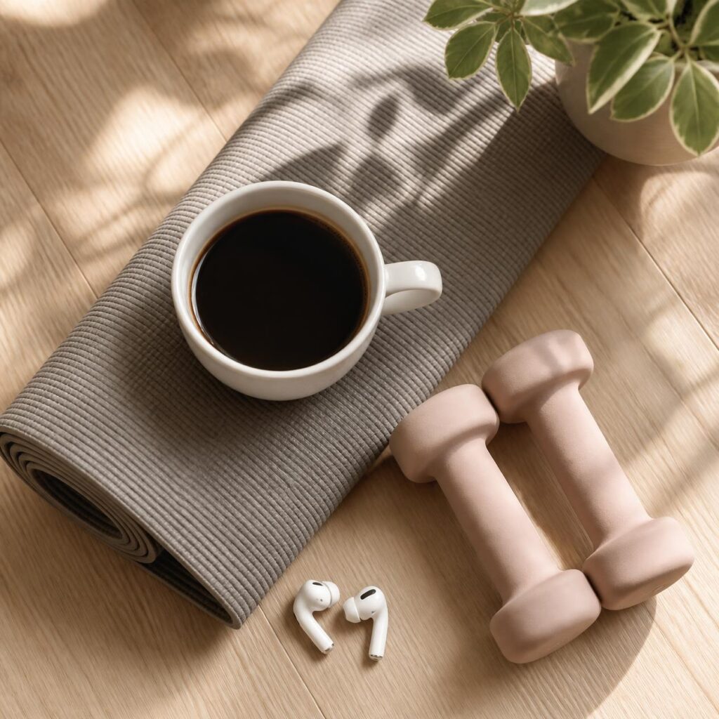 Black coffee with workout mat and dumbbells - black coffee before exercise for weight loss