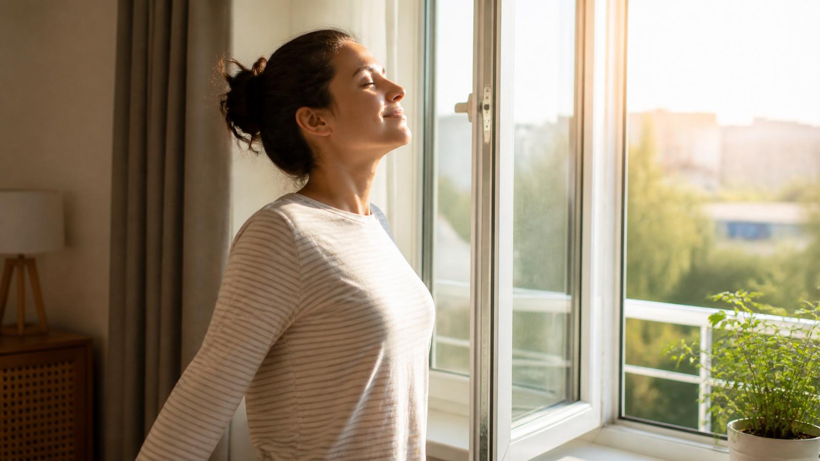 Woman enjoying morning sunlight by window - cortisol and weight gain