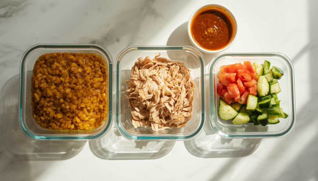 Desi meal prep with daal, shredded chicken, vegetables and masala base
