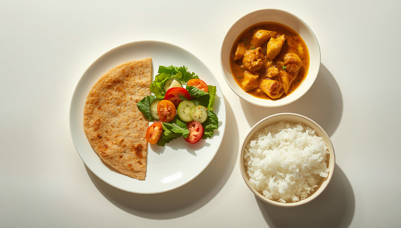 Healthy Pakistani meal with roti, rice, chicken curry and salad for weight loss