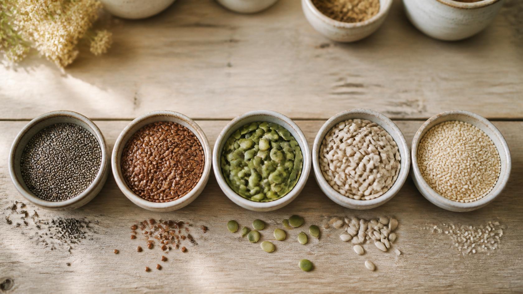 Chia, flax, pumpkin, sunflower and sesame seeds in bowls - health benefits of seeds