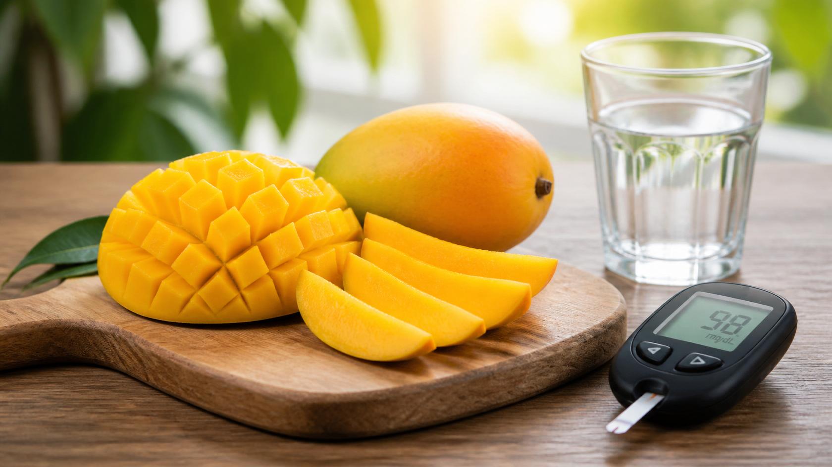 Fresh mango slices with a glucose meter and water for diabetes