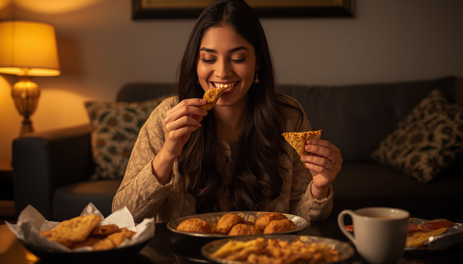 Woman happily eating samosas and snacks with chai at night
