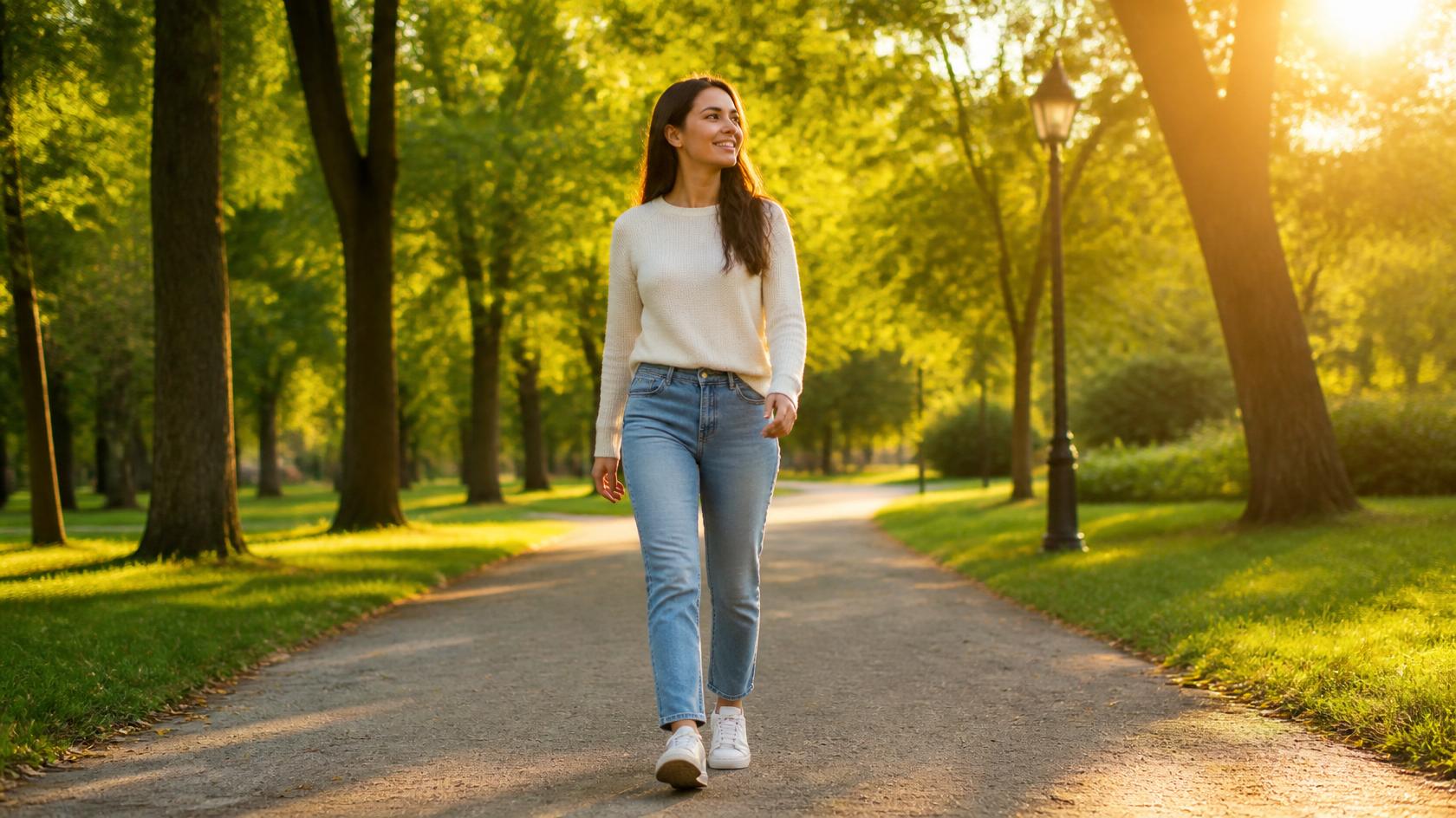 Woman walking full body on tree-lined path - walking after meals for weight loss