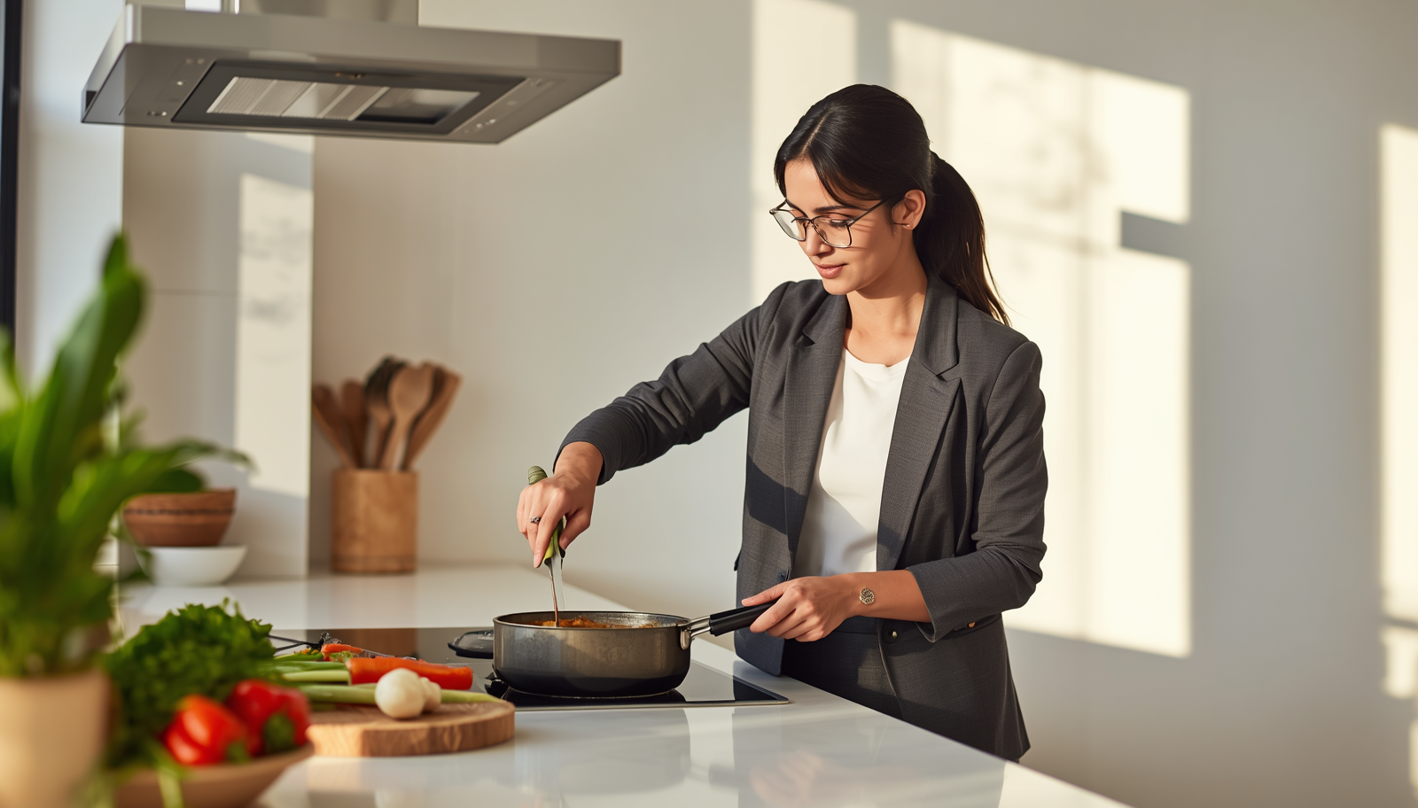Working woman cooking a healthy meal in her kitchen